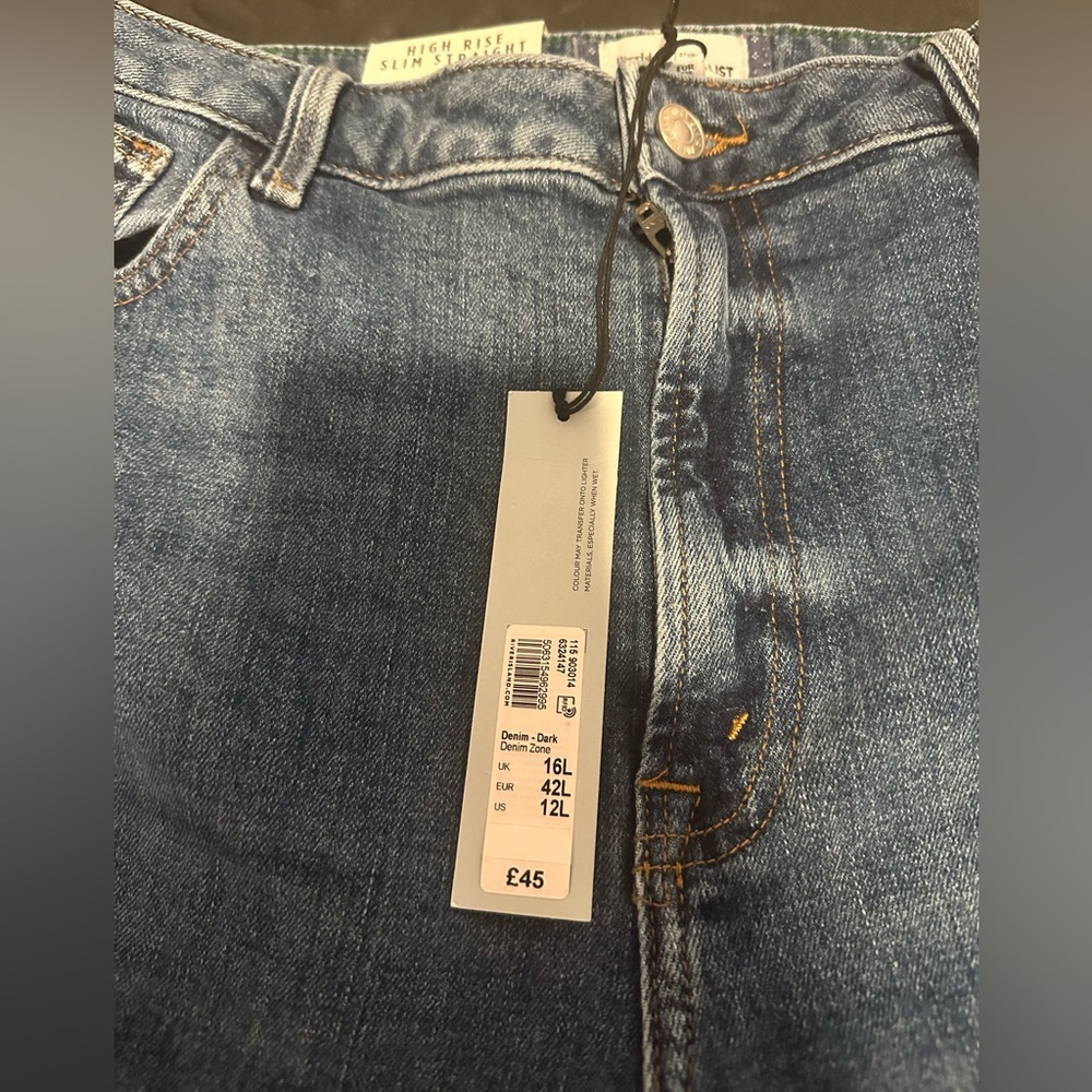 *NEW* Sz 12 Long - River Island -Blue High Rise Ankle Grazer Slim Leg Jeans